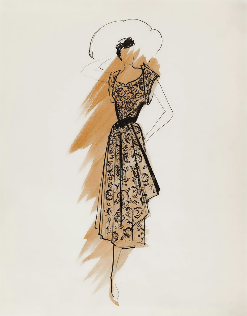A woman in a patterned dress and hat