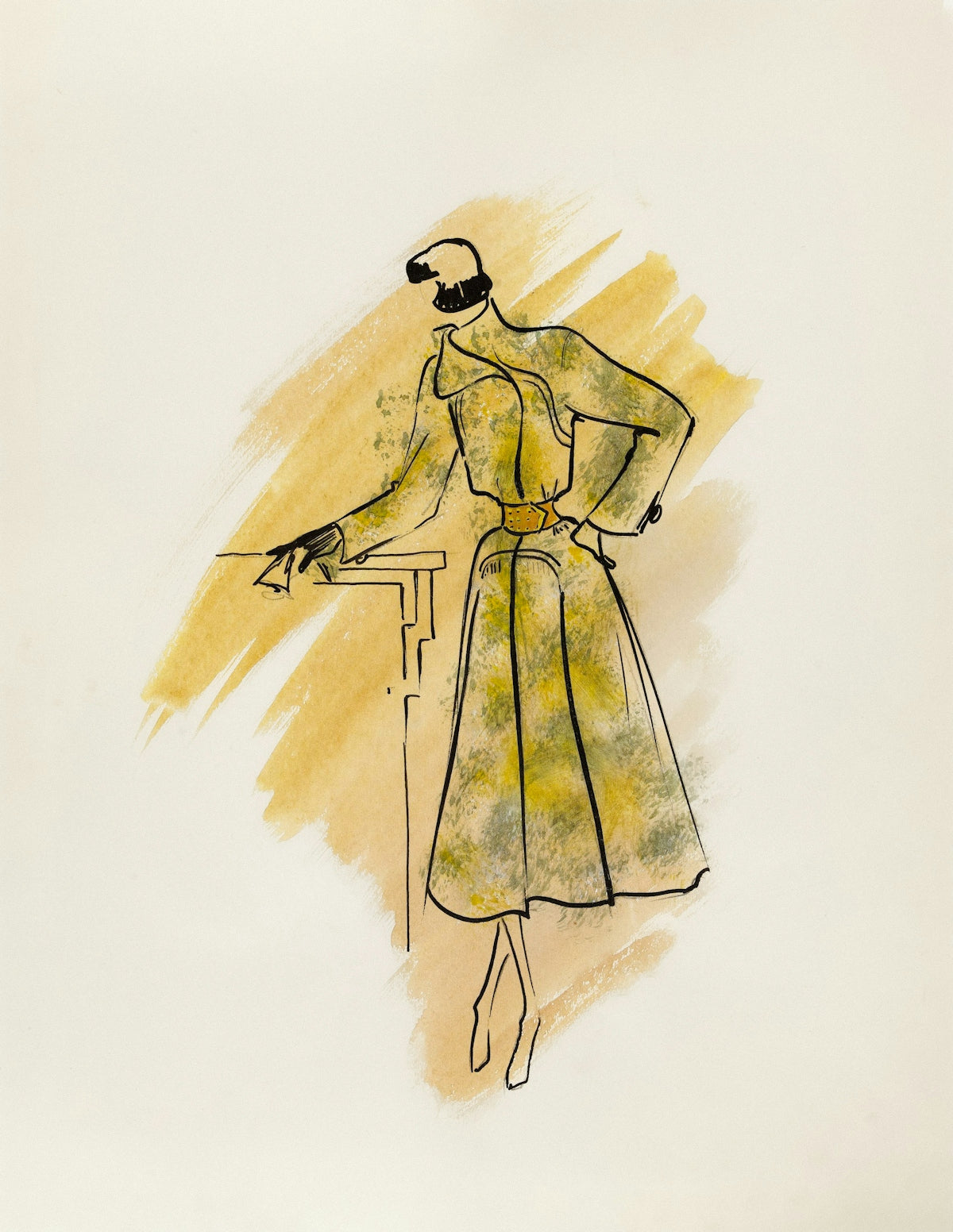 Fashion sketch of a woman in a patterned dress