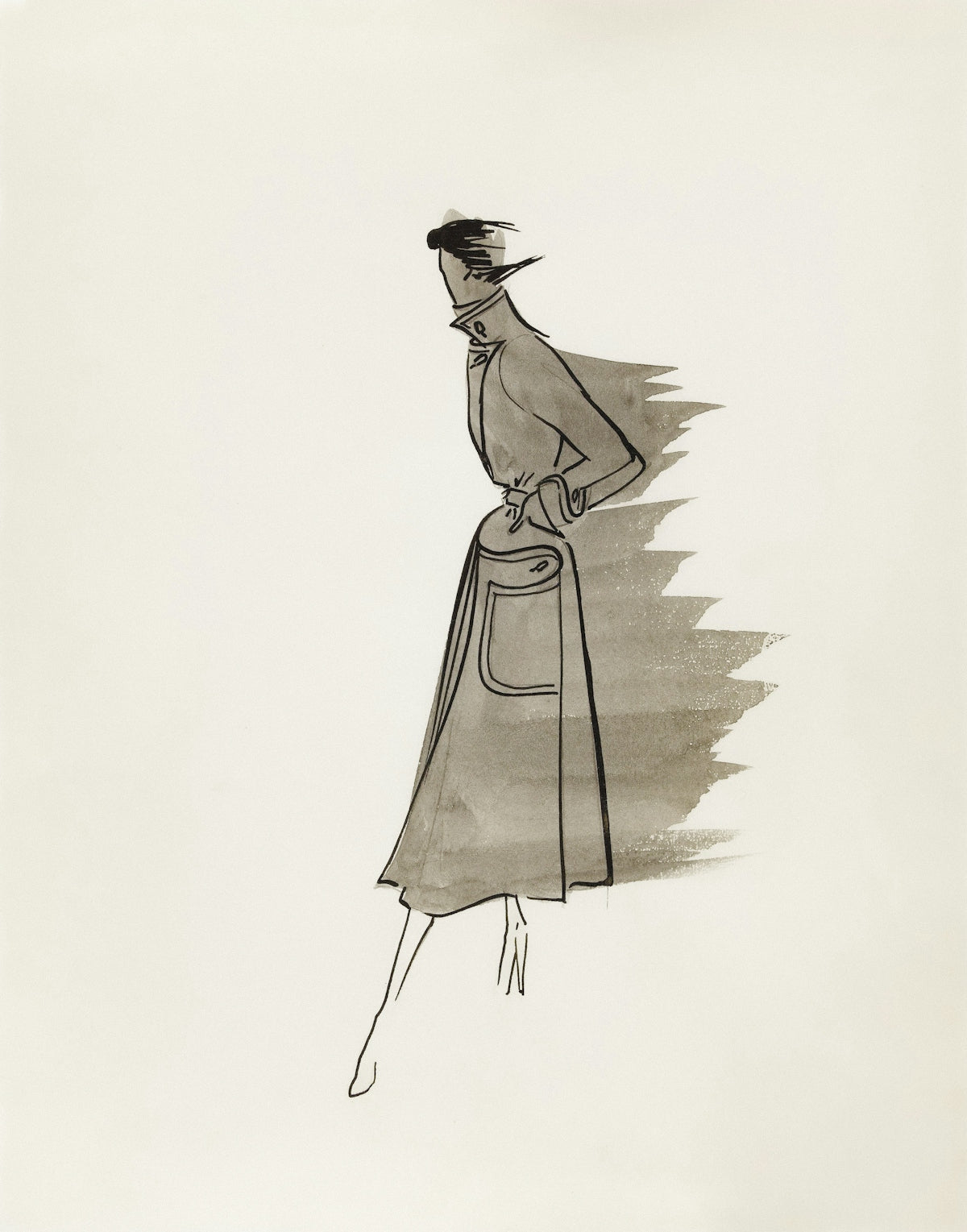 Fashion sketch of a woman in a coat and skirt