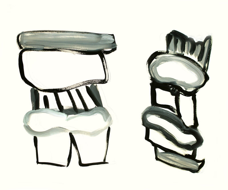 Two abstract figures with layered shapes