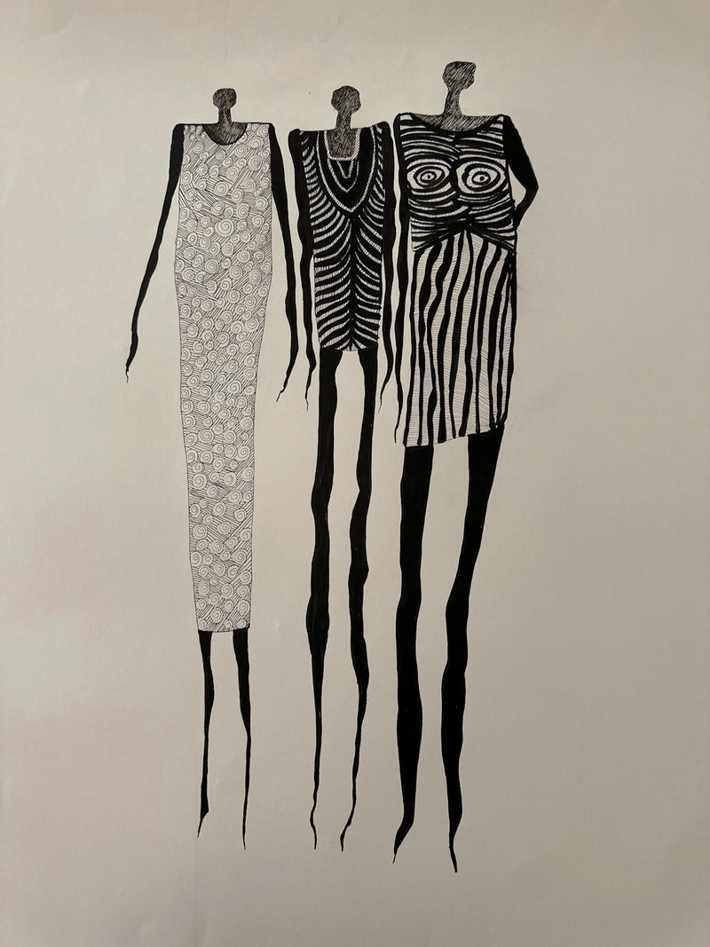 Three stylized figures in patterned dresses
