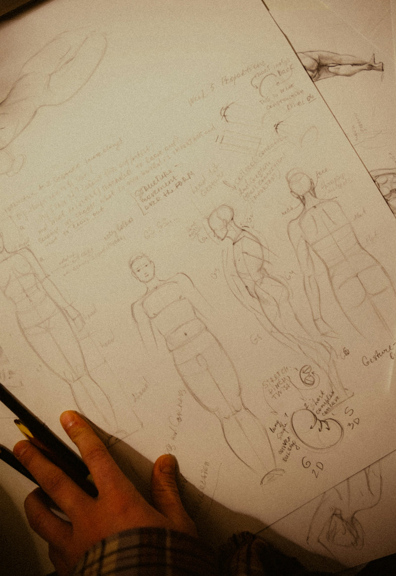 Sketches of human anatomy with notes and pencils.