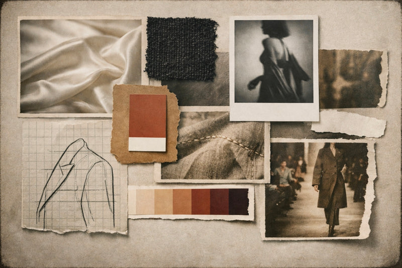 Mood board with fabric swatches, sketches, and vintage photos.