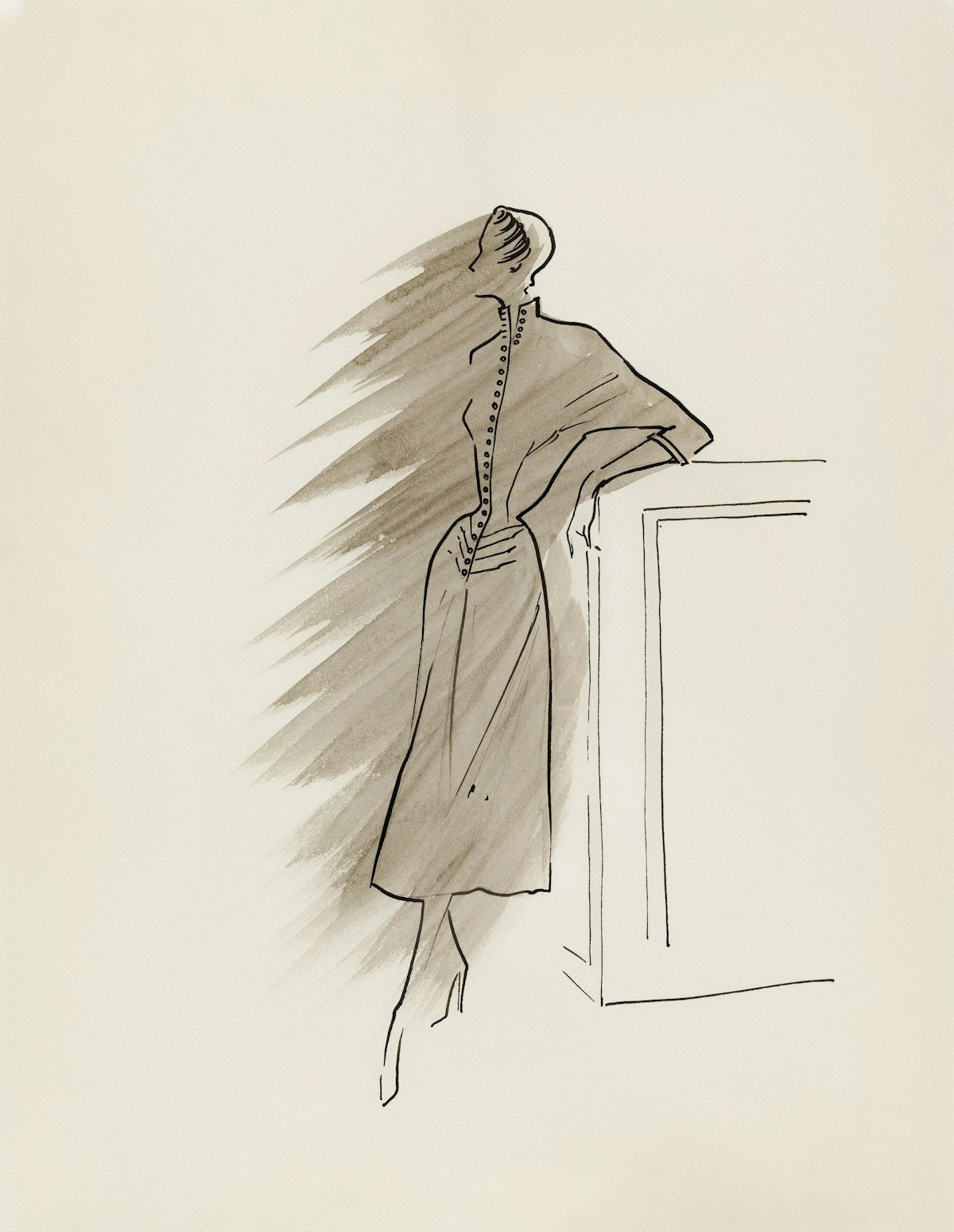 Fashion sketch of a woman in a buttoned dress.
