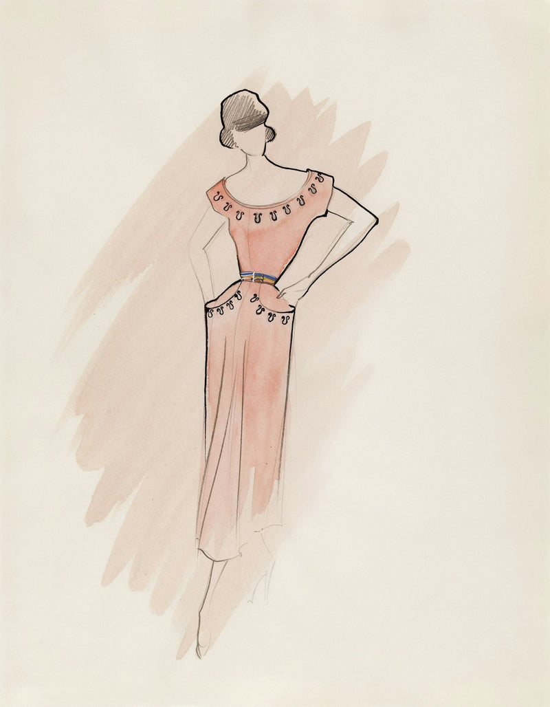 Fashion sketch of a woman in a coral dress.