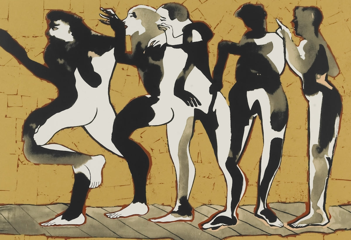 Five stylized figures in black and white against yellow