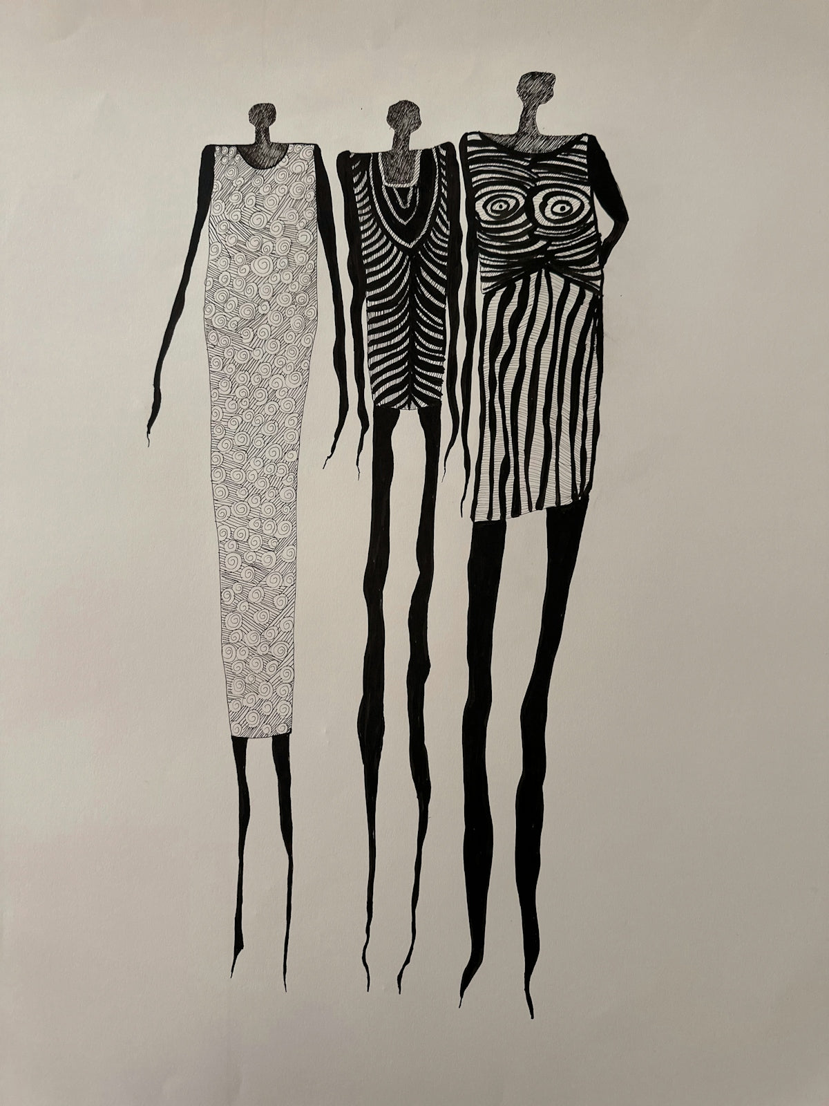 Three stylized figures in patterned dresses