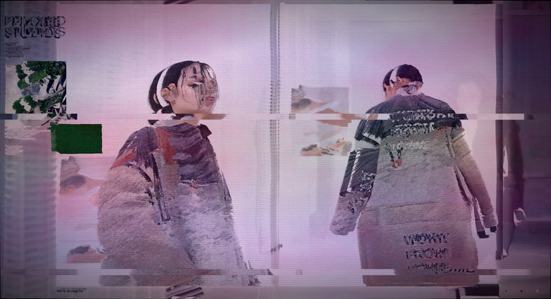Two people in abstract, glitchy, artistic style.