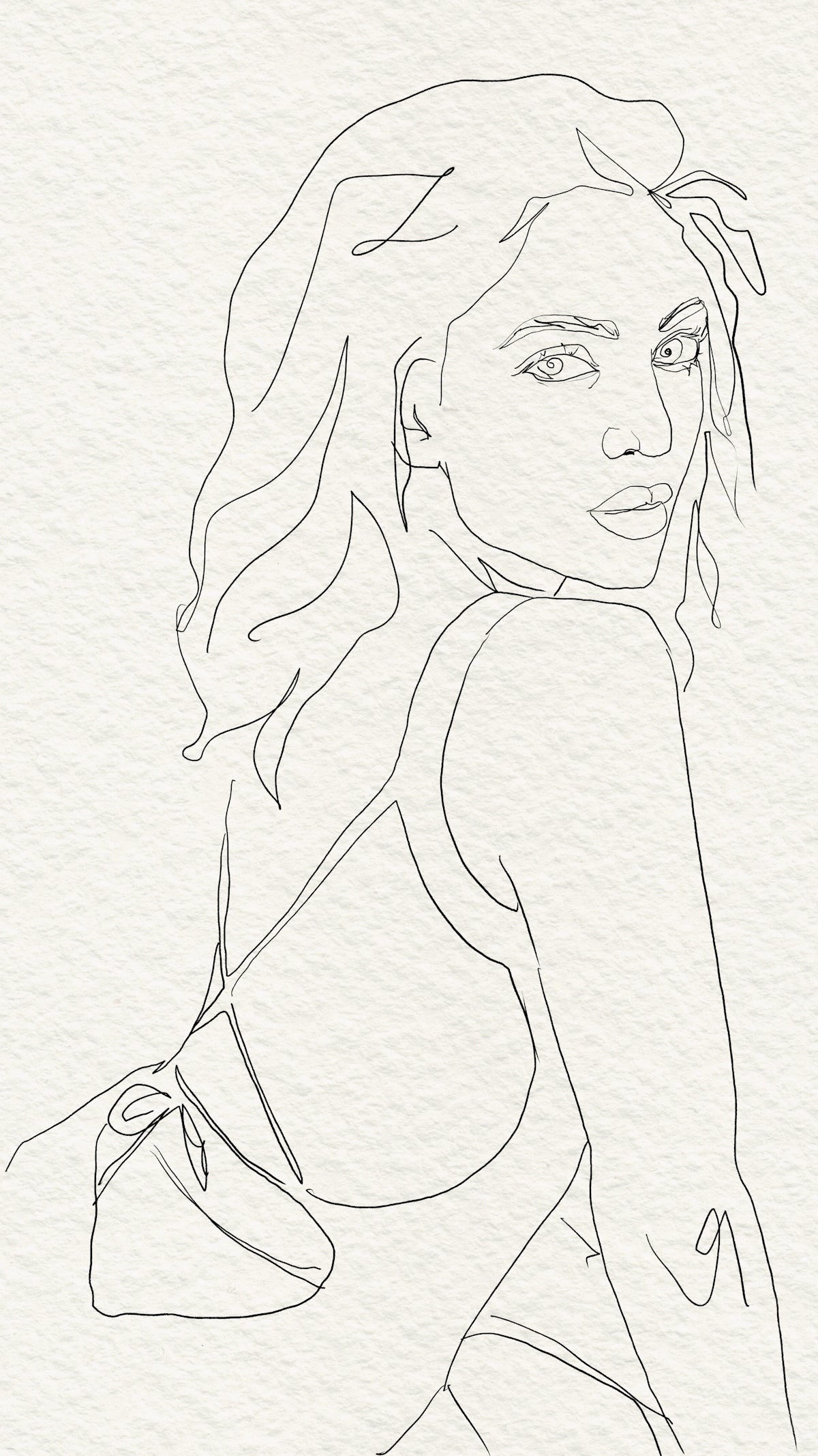Continuous line drawing of a woman looking over her shoulder.
