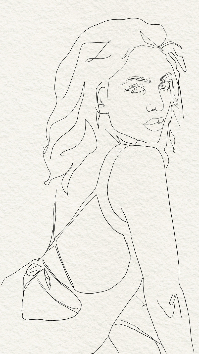 Continuous line drawing of a woman looking over her shoulder.