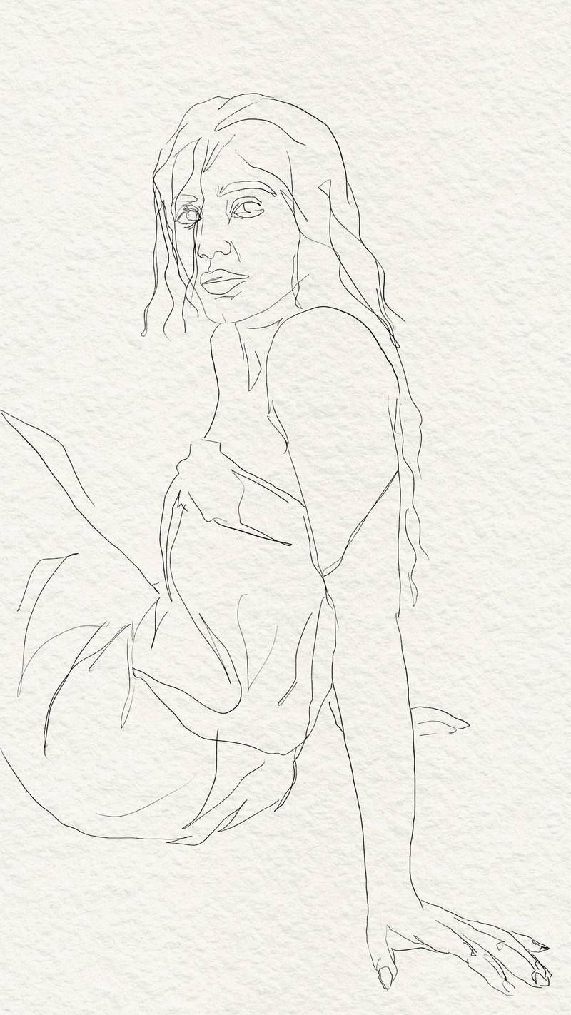 A minimalist line drawing of a woman sitting.