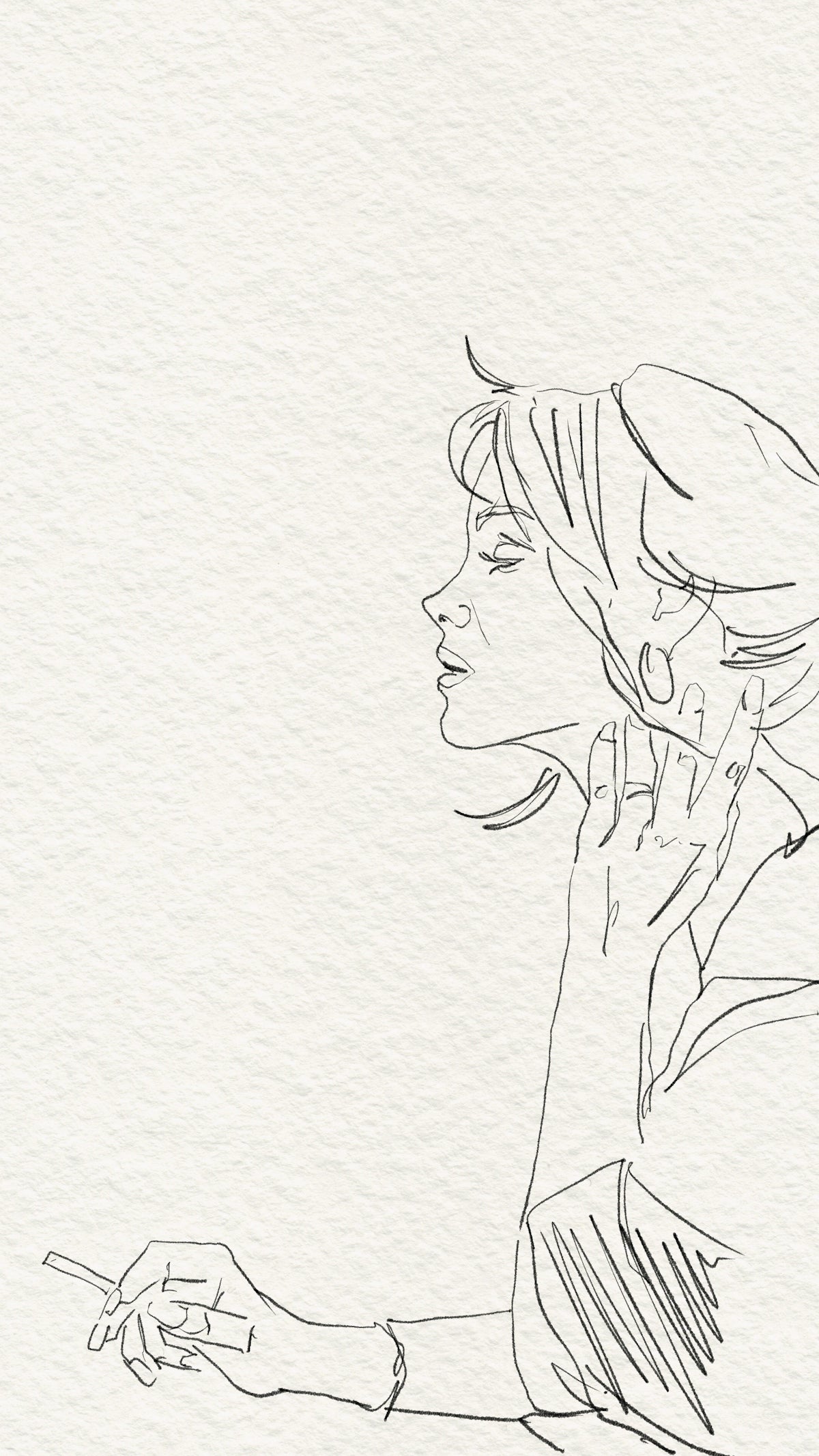 Line art drawing of a woman smoking a cigarette.