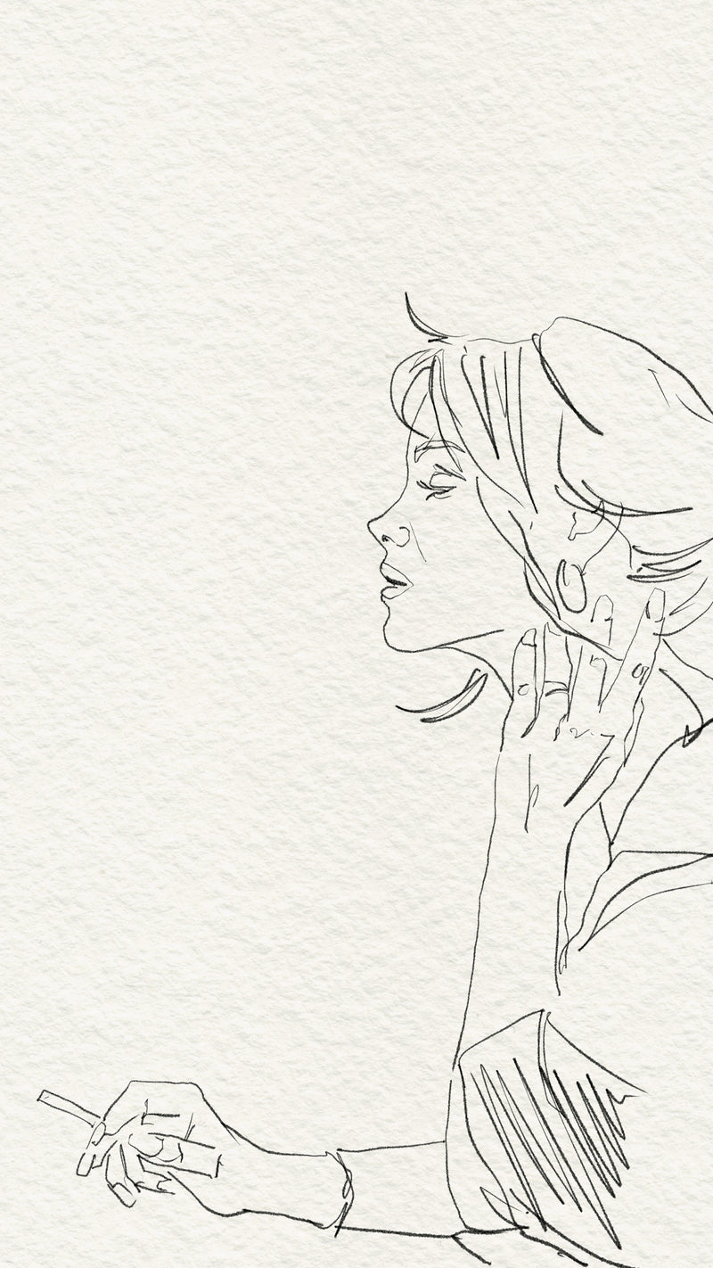 Line art drawing of a woman smoking a cigarette.
