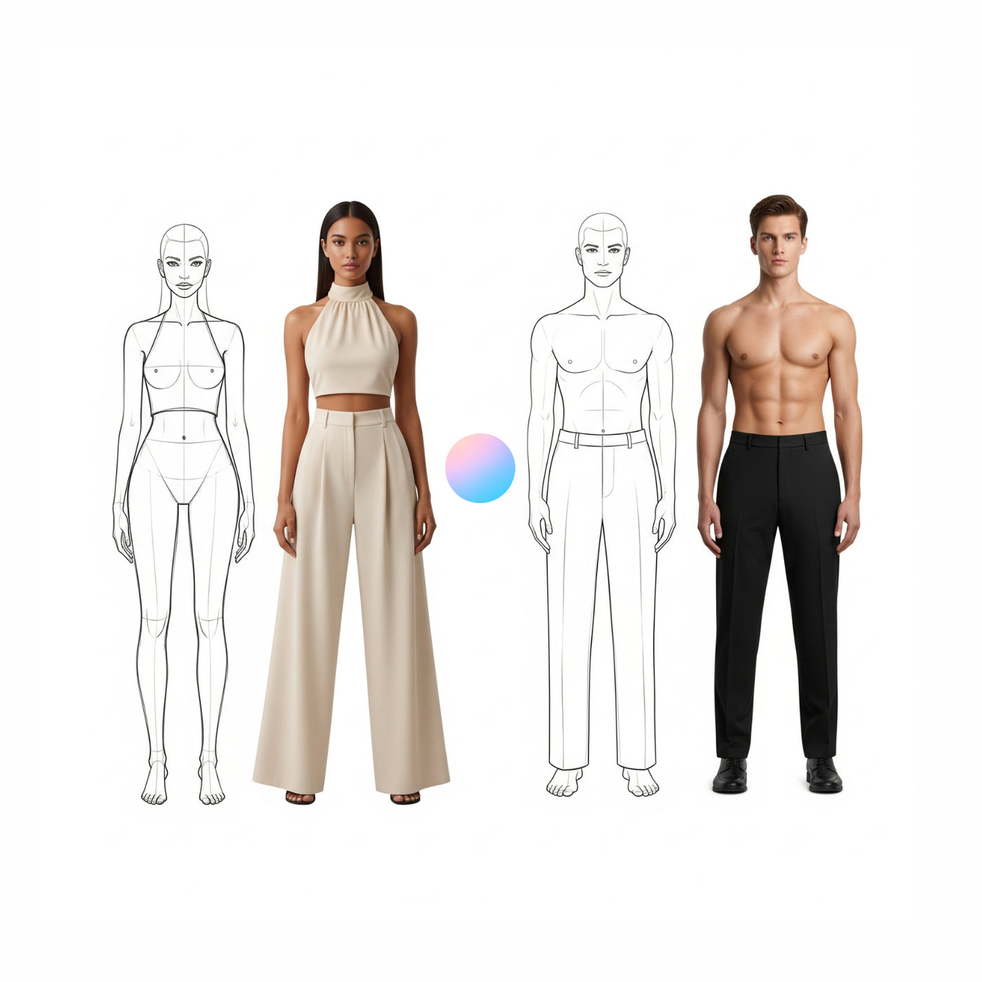Procreate fashion pose templates with male and female body figures for digital fashion sketching