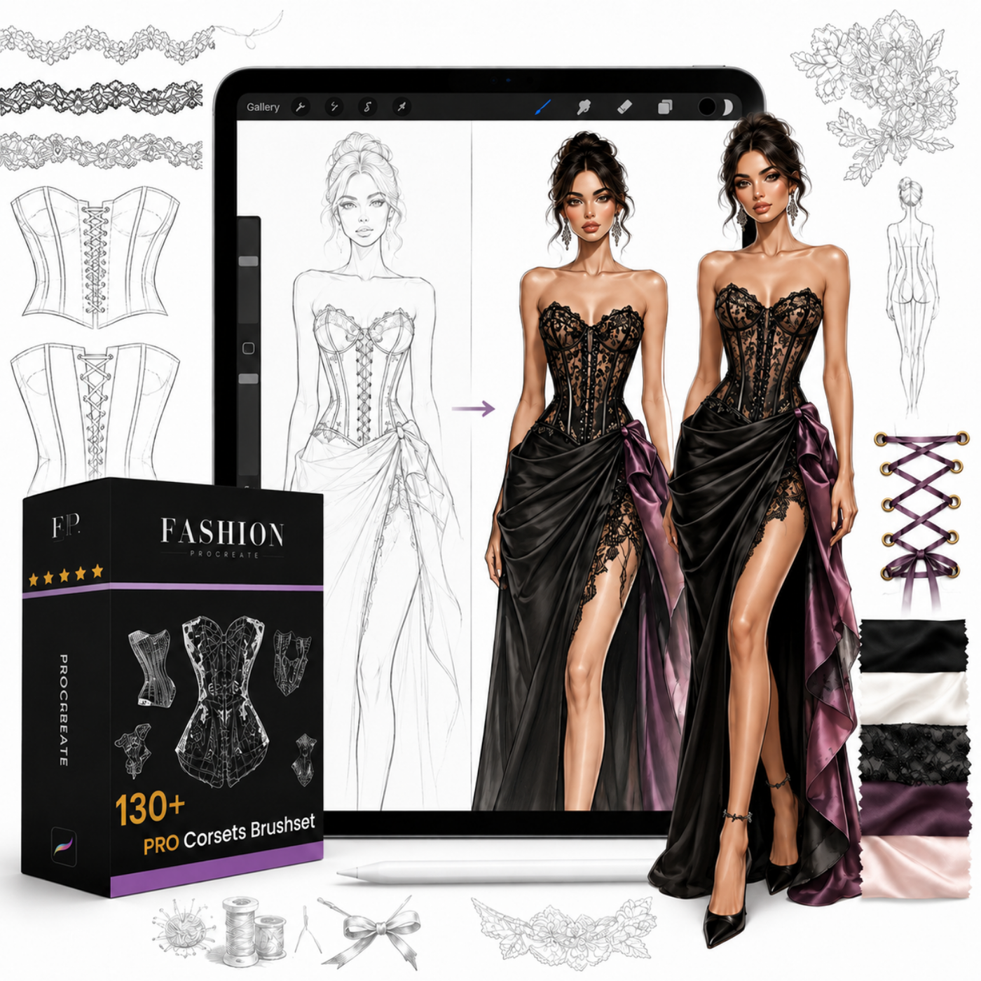 Procreate corset brushes and templates for fashion illustration with structured bodices, lace-up details, seams, and modern corset designs