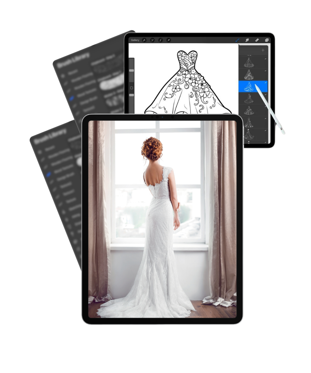 Preview of wedding dress design templates in Procreate
