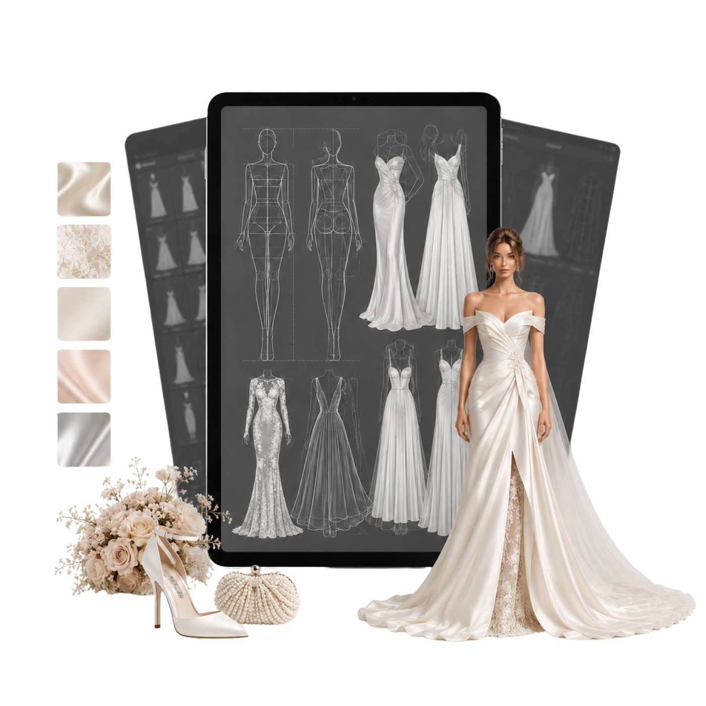 Procreate wedding dress templates for bridal fashion illustration with gown sketch and bridal reference image