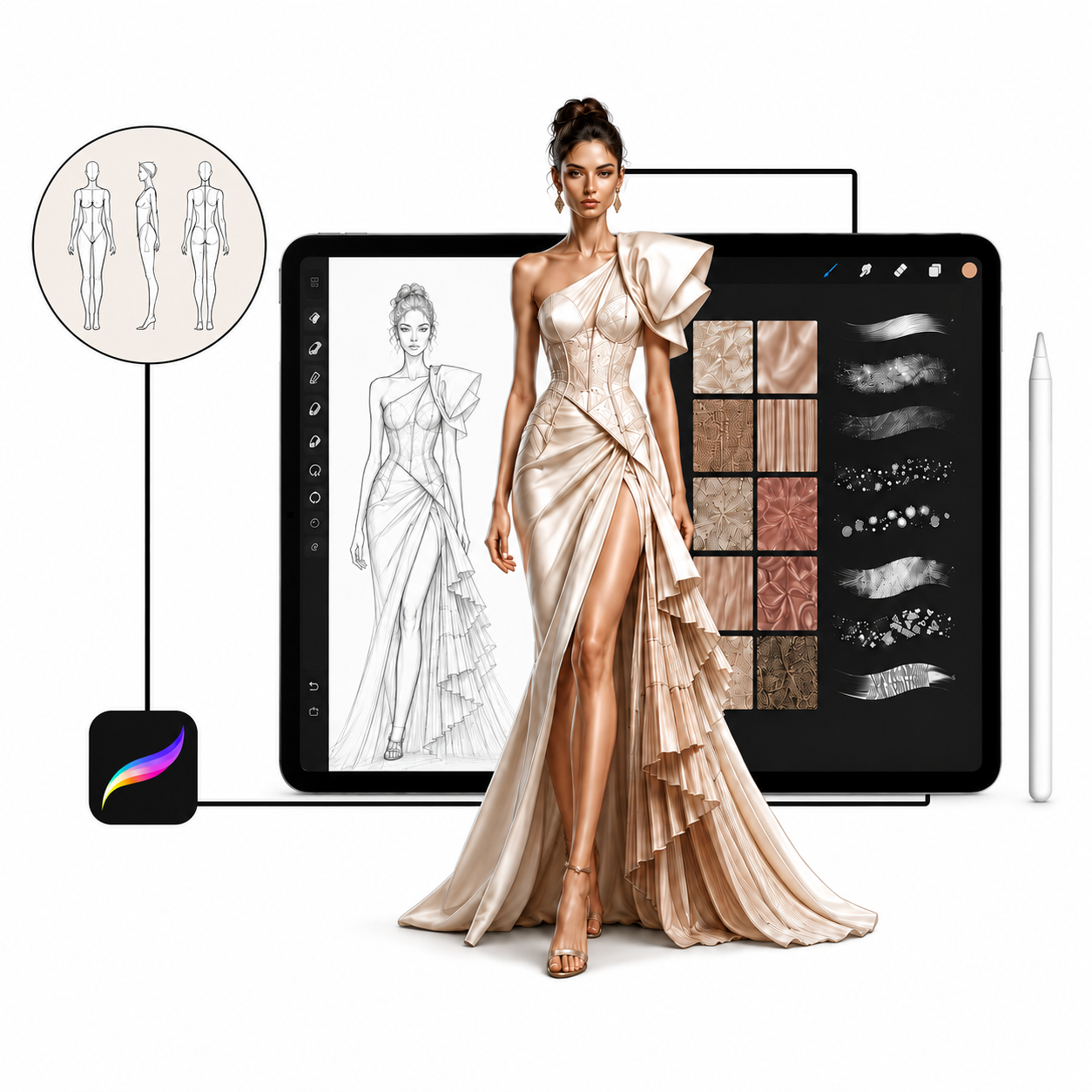 Procreate fashion brushes and templates for digital fashion illustration with dress sketch, fabric textures, and model reference